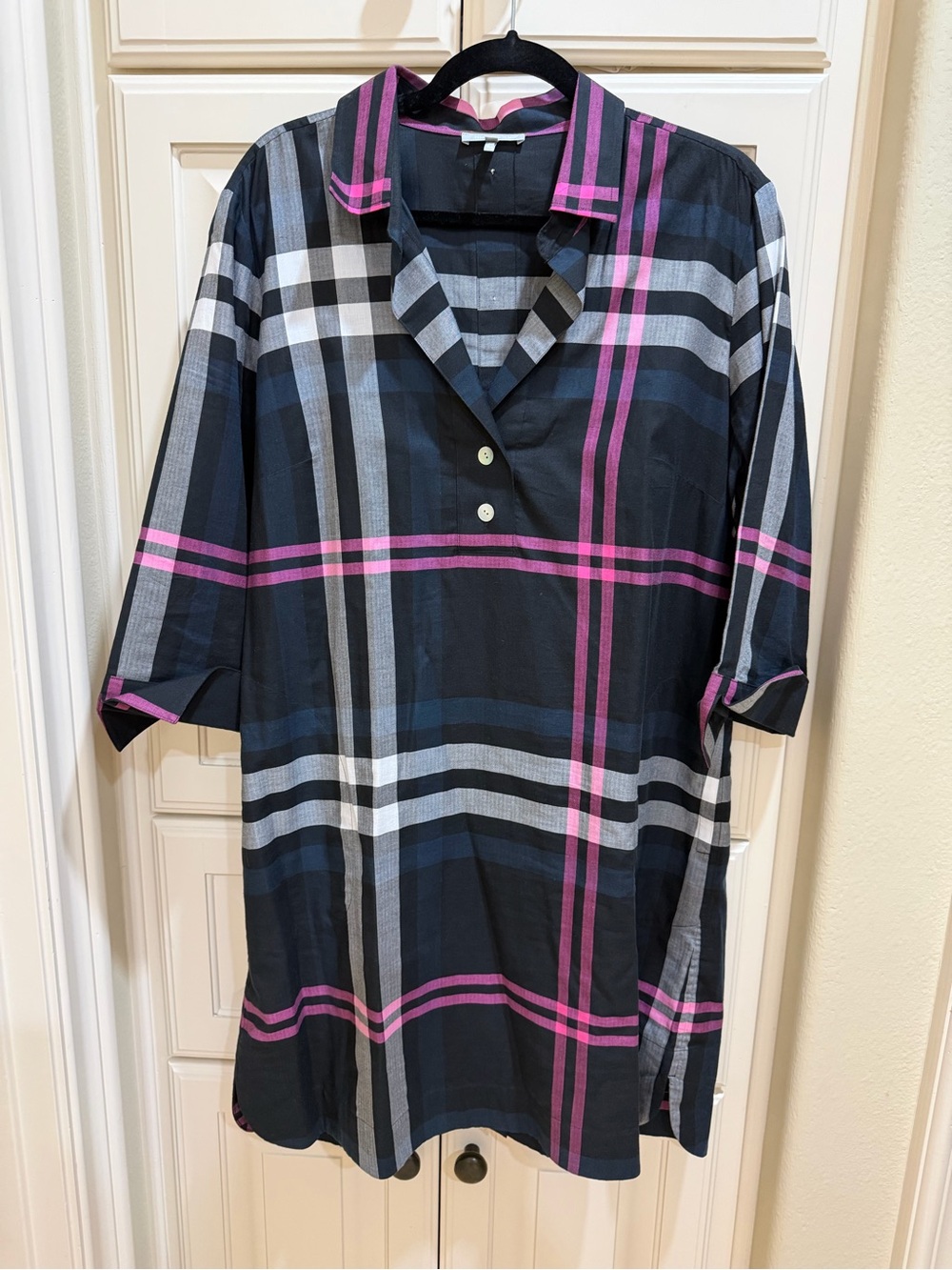Hinson Mu Relaxed Black Plaid Midi Shirt Dress with Pink Stripe